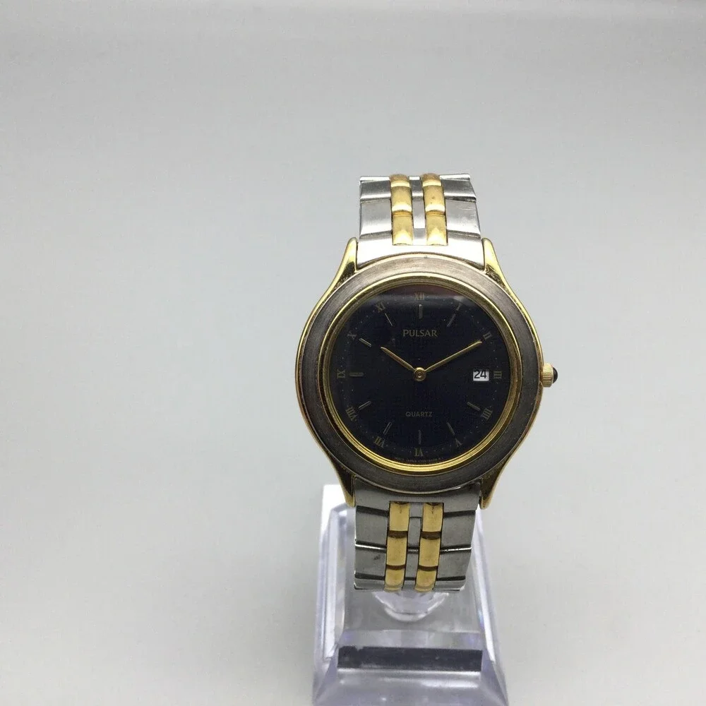 Pulsar Mens Watch 36mm Black Dial Two Tone Steel Date V729-6A00 New Battery 7